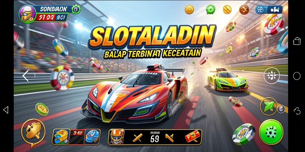 Screenshot utama dari SLOTALADIN menampilkan aksi balapan yang mendebarkan.
