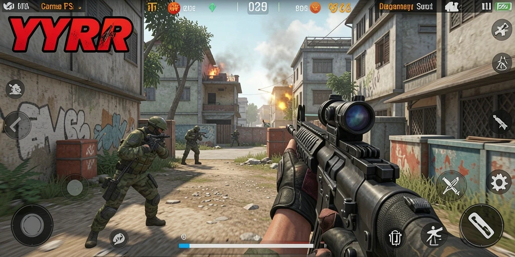 Screenshot gameplay YYRR dengan aksi tembak-menembak yang mendebarkan.